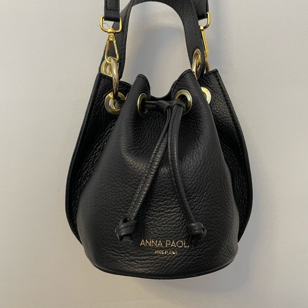 Anna Paola Black Pebbled Leather Mini Drawstring Bag